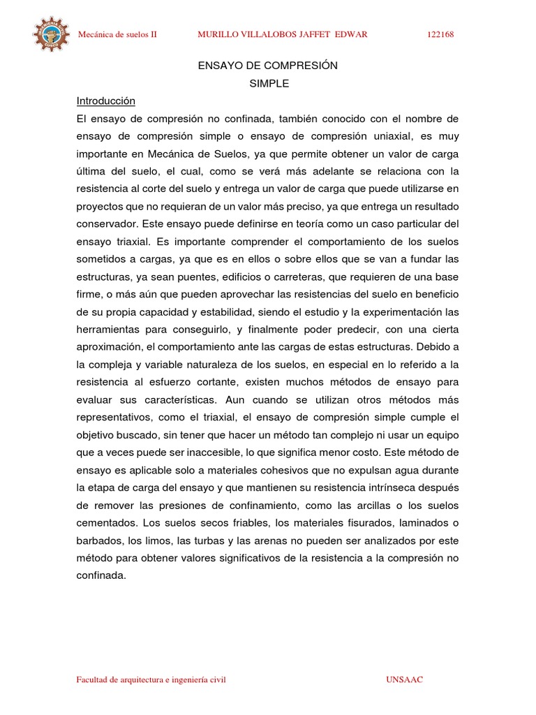 Ensayo de Compresión Simple en Suelos | PDF | Ensayos | Deformación ...