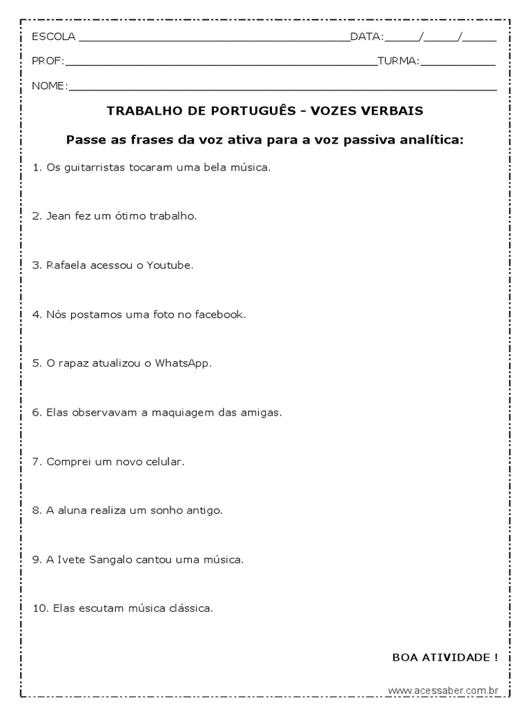 Atividade de Vozes Verbais 7º Ano | PDF