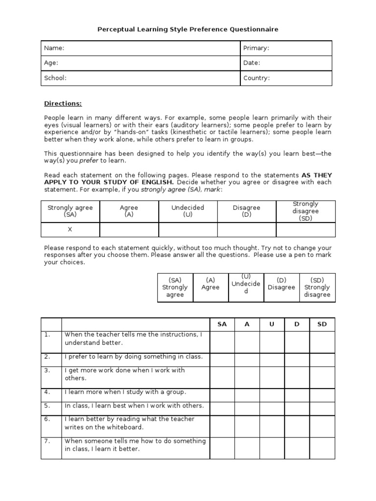Perceptual Learning Style Preference Questionnaire Assignment | PDF ...