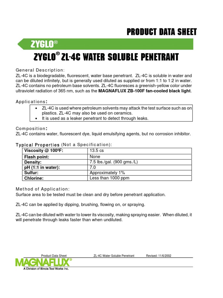 Zyglo Reg Penetrant Zl 4c Pdf Solubility Water