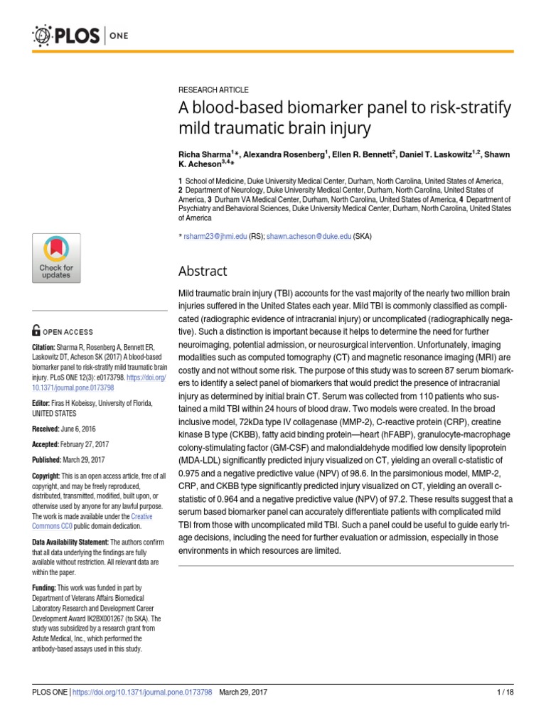 A Blood-Based Biomarker Panel To Risk-Stratify Mild Traumatic Brain ...