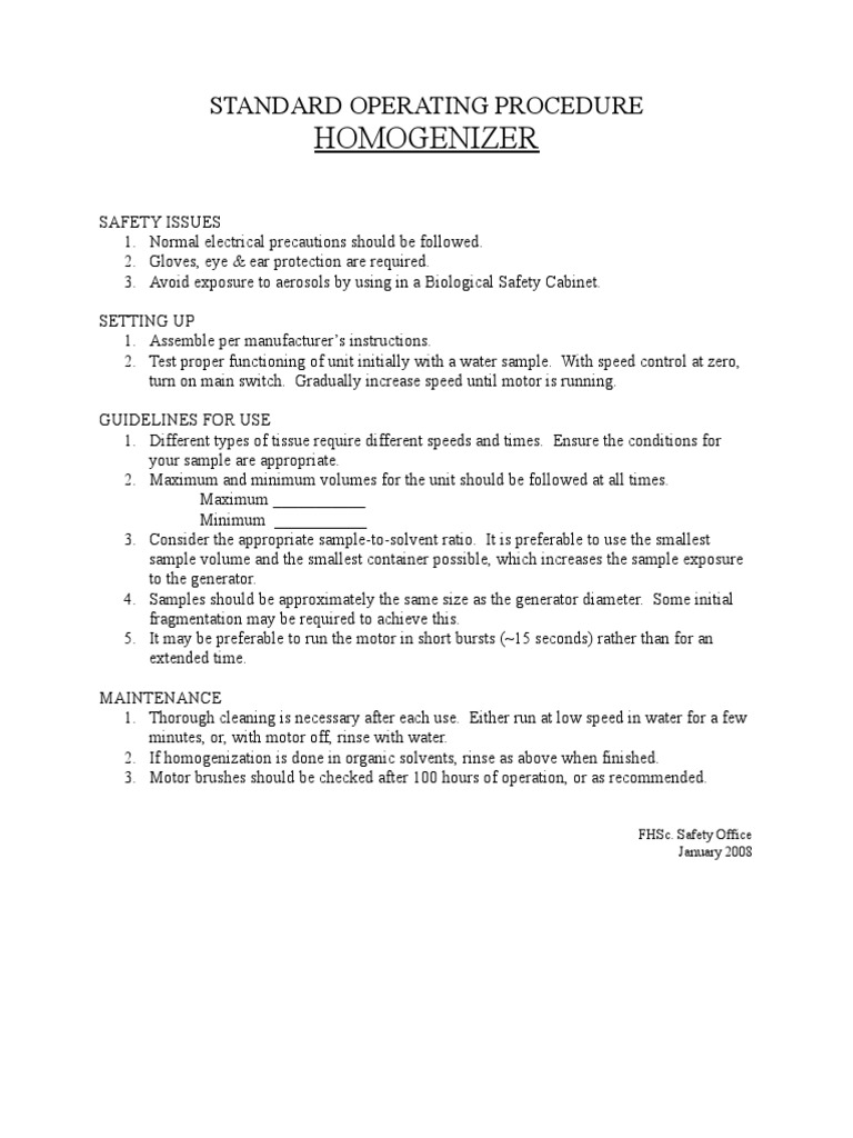 Homogenizer: Standard Operating Procedure | PDF