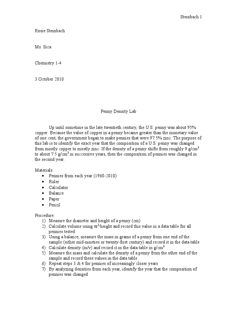 Chemistry Penny Lab PDF Density Measurement