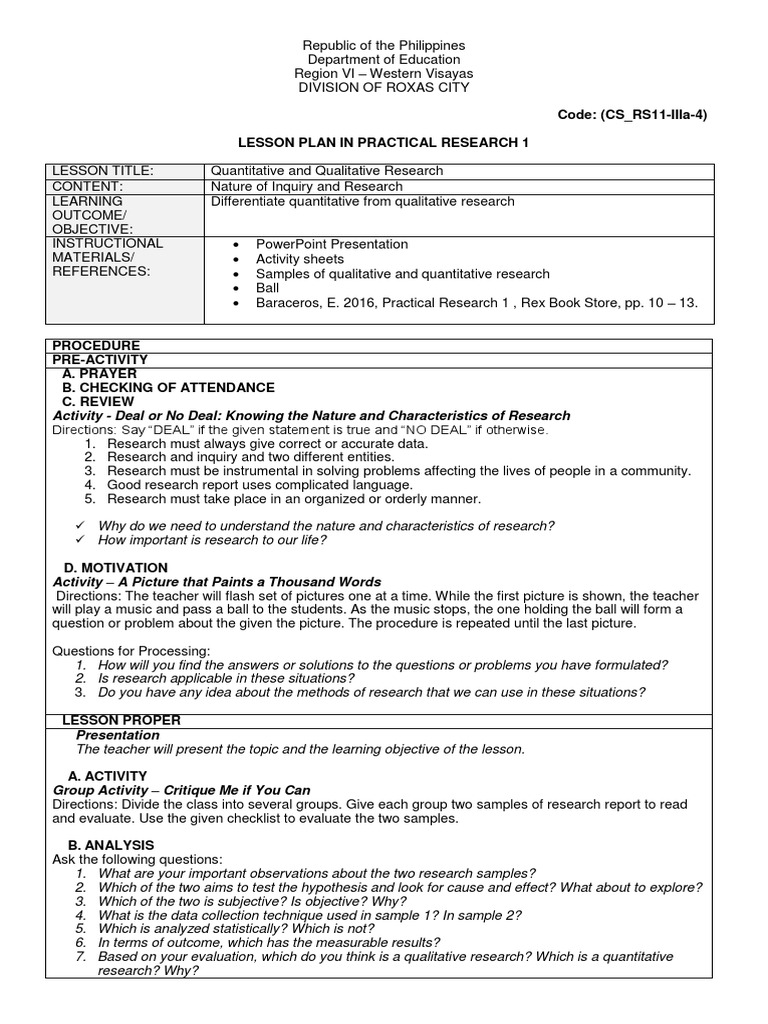 Lesson Plan in Practical Research 1 | PDF | Quantitative Research ...