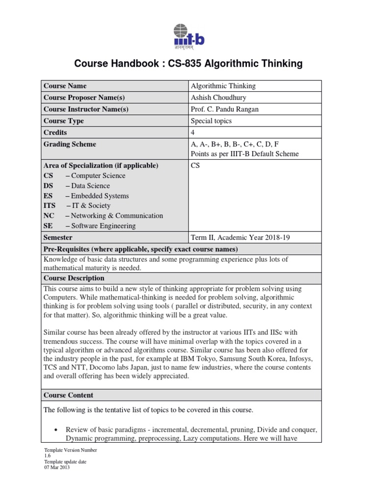 Course Handbook: CS-835 Algorithmic Thinking: Template Version Number 1 ...