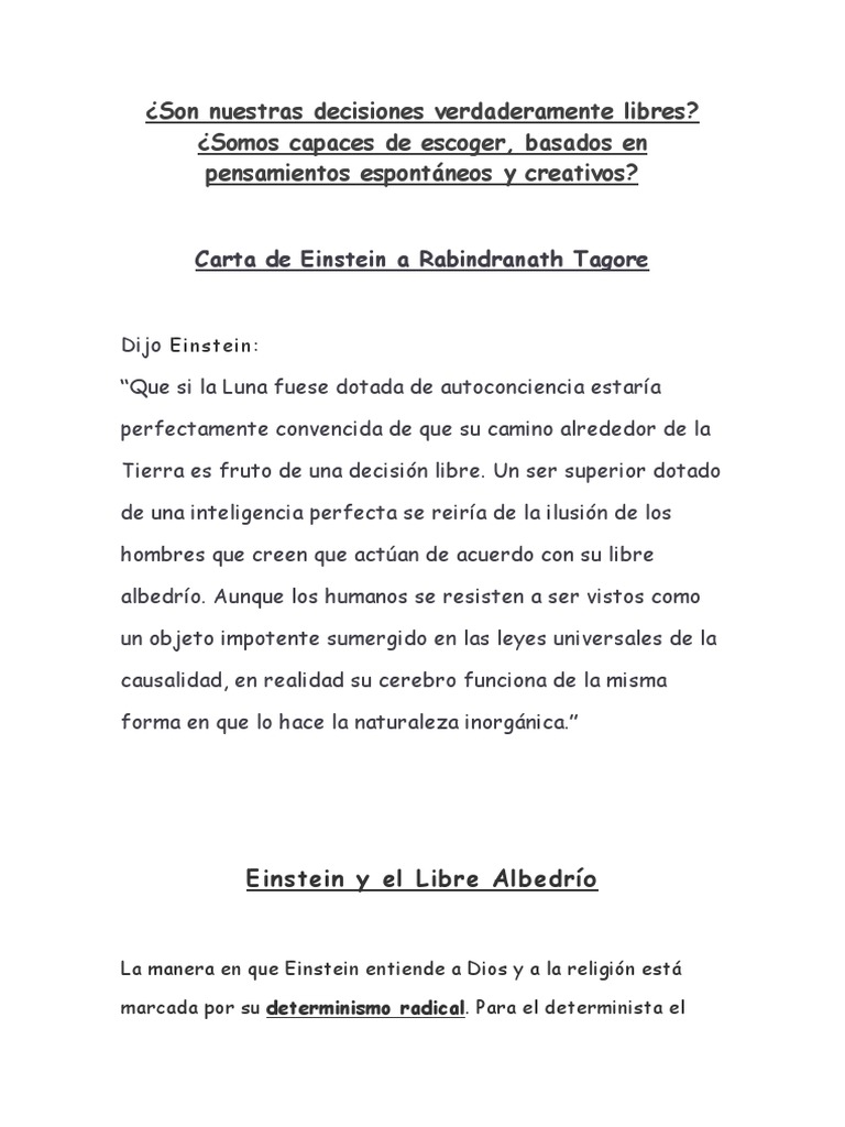Carta de Einstein a Rabindranath Tagore  Libre albedrío  Determinismo