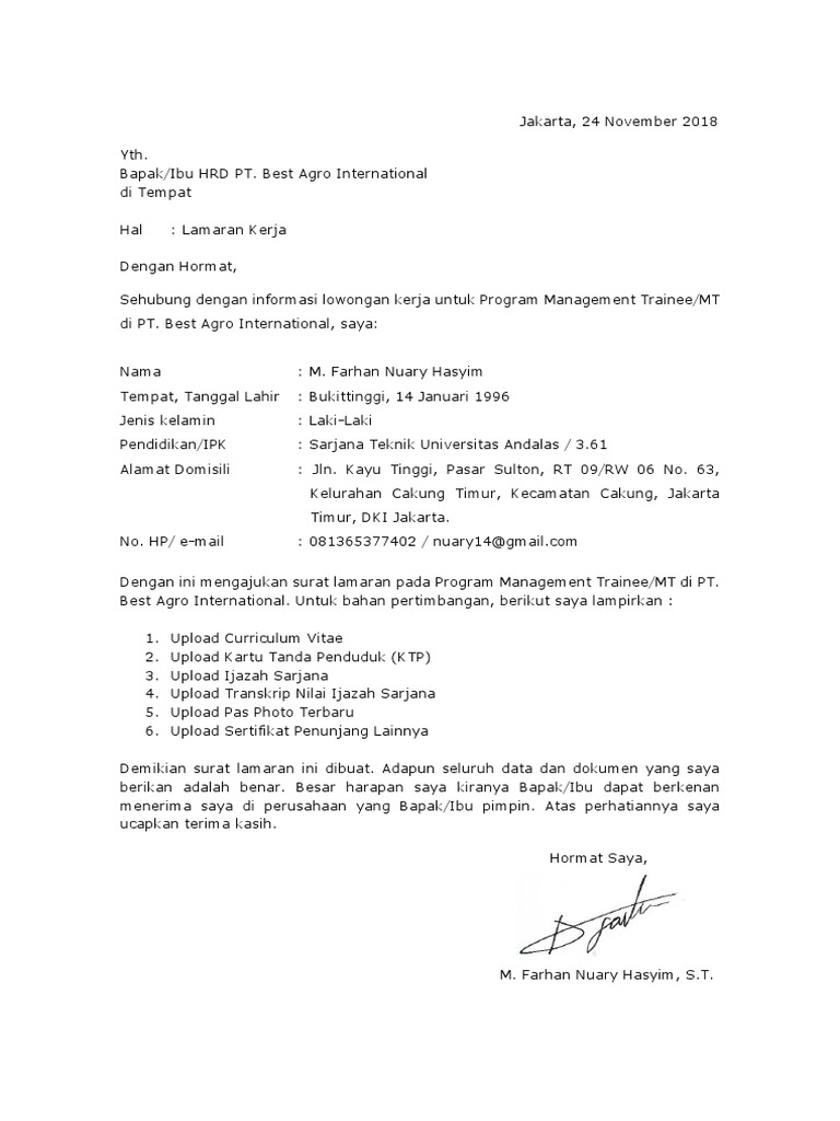 Surat Lamaran Pt Best Agro International