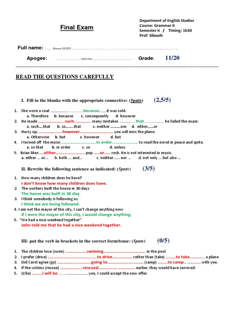 Final Exam: English Grammar Assessment | PDF | Object (Grammar ...