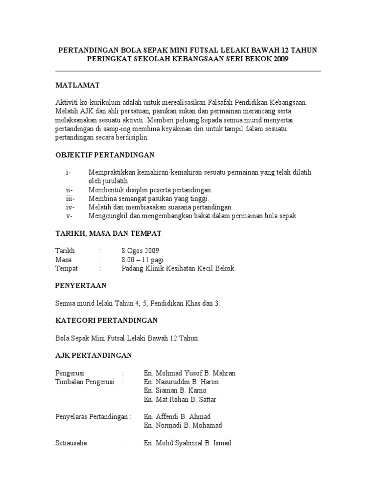 contoh laporan Bola Sepak Mini Futsal Lelaki Bawah 12 Tahun
