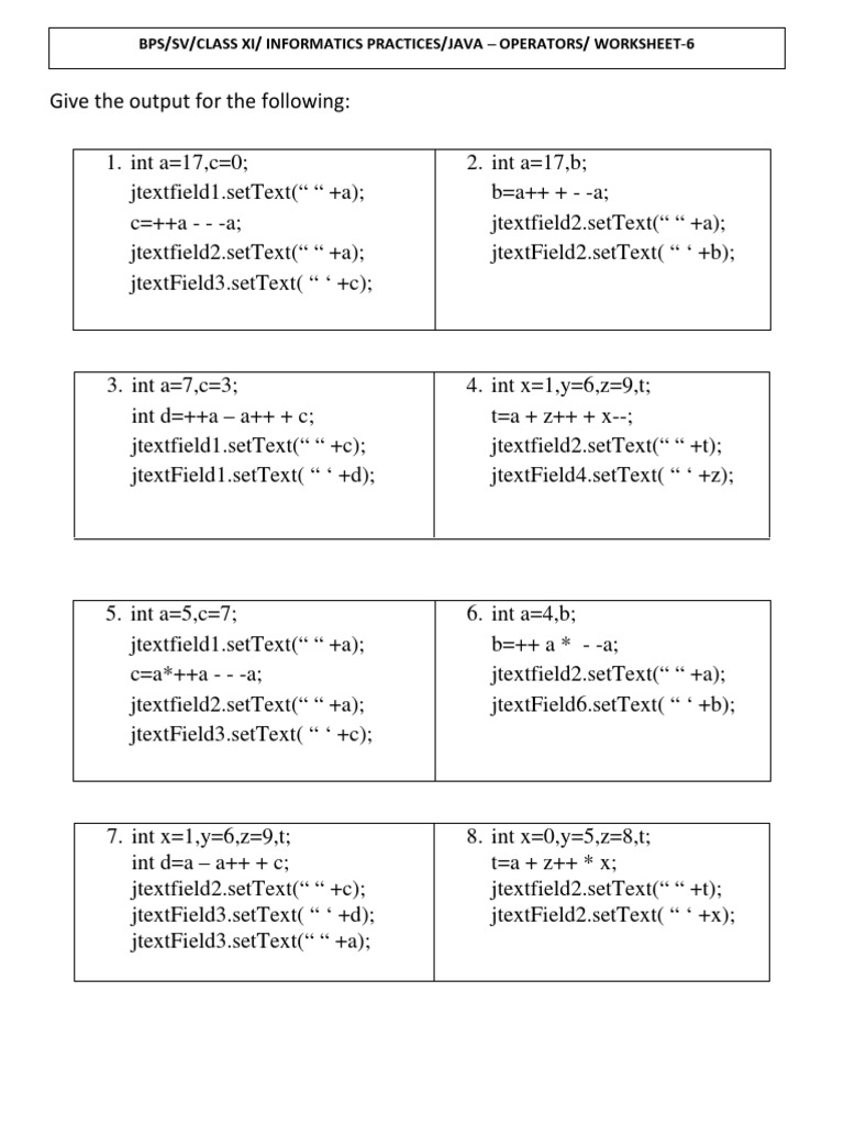 Java Operators Worksheet Solutions | PDF