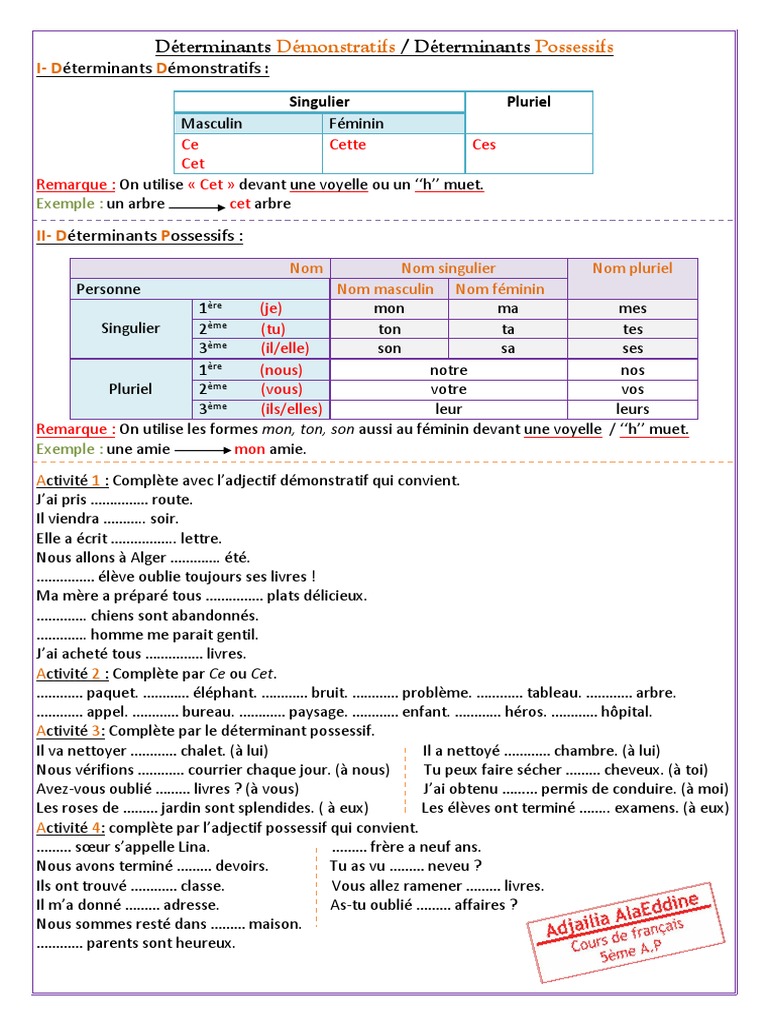 Exercices Sur Les Déterminants 6ème à Imprimer Déterminant Démonstratif - Déterminant Possessif | PDF | Genre grammatical  | Nombre grammatical