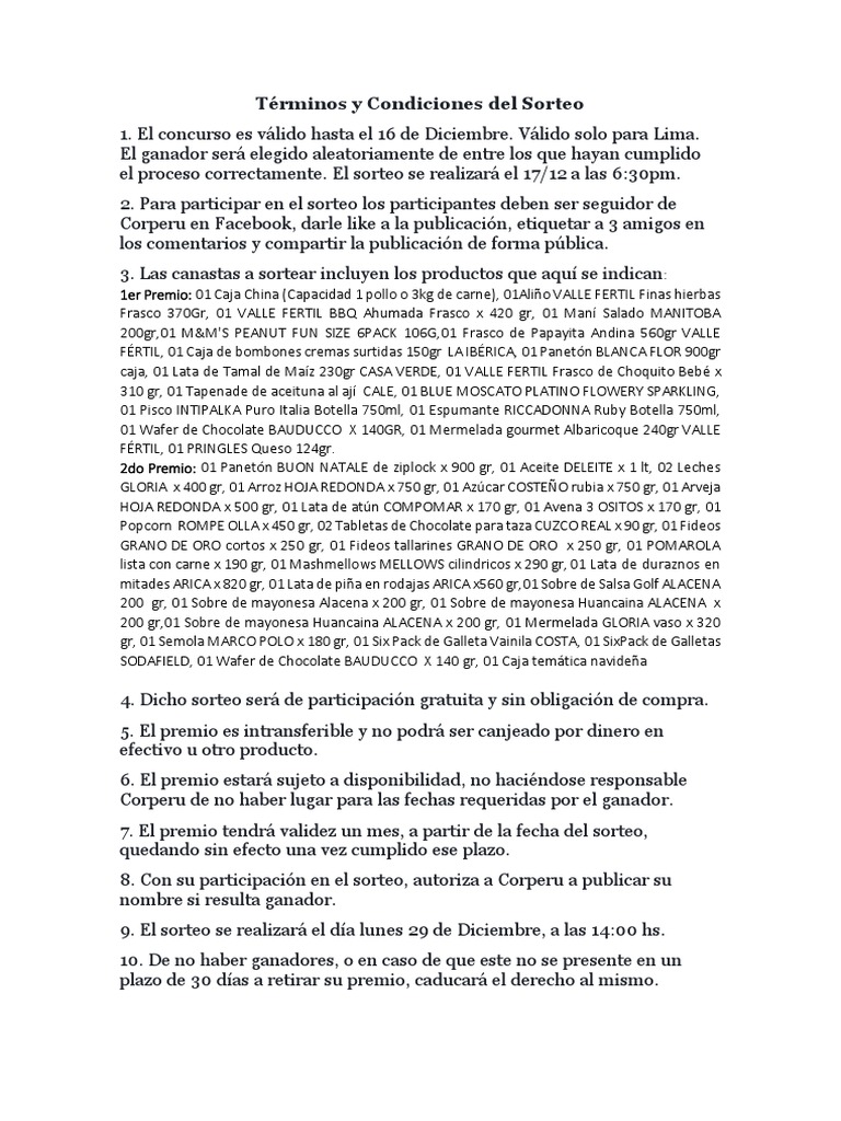 Terminos y Condiciones Del Sorteo | PDF | Preparación de comida y ...