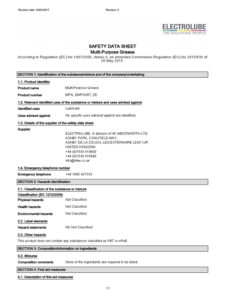 Safety Data Sheet MultiPurpose Grease Revision Date 18/01/2017
