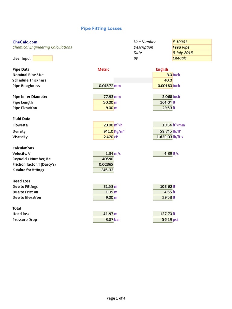 Pipe Fitting Losses: Chemical Engineering Calculations | PDF ...