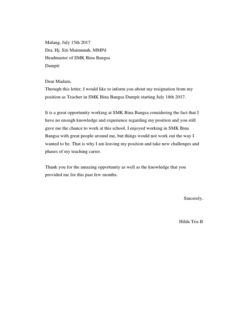 Contoh Resign Letter Bahasa Inggris