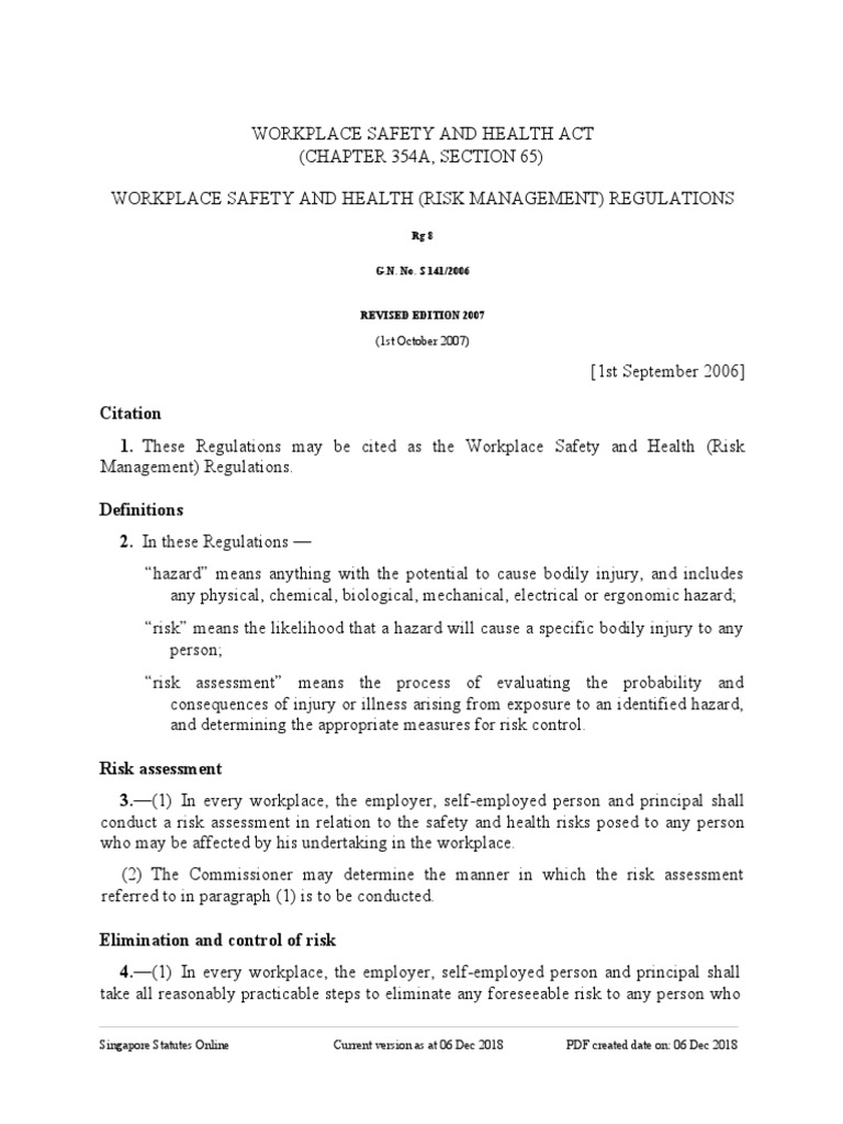 WSH Risk Management Regulations Overview | PDF | Risk Assessment ...