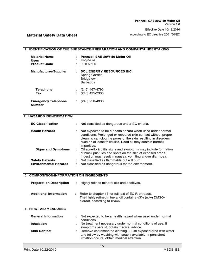 Material Safety Data Sheet Effective Date 10/19/2010 According To EC
