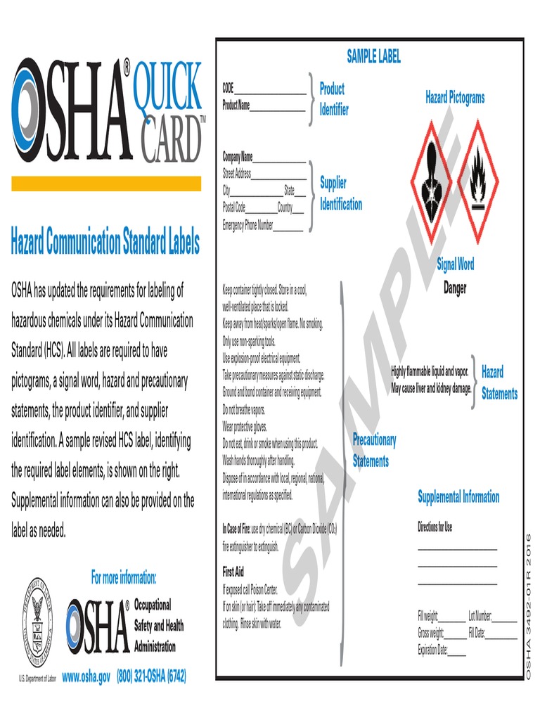 Osha 3492 Quick Card Label Safety Occupational Safety And Health