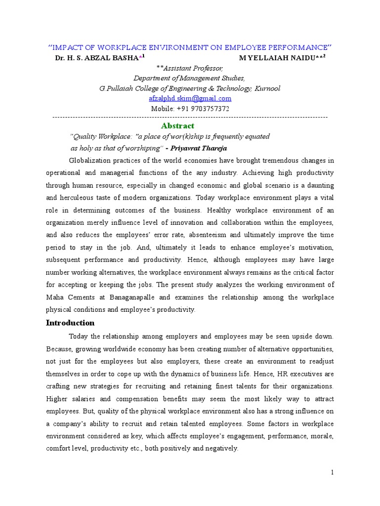 Workplace Environment's Impact on Performance | PDF | Employment ...