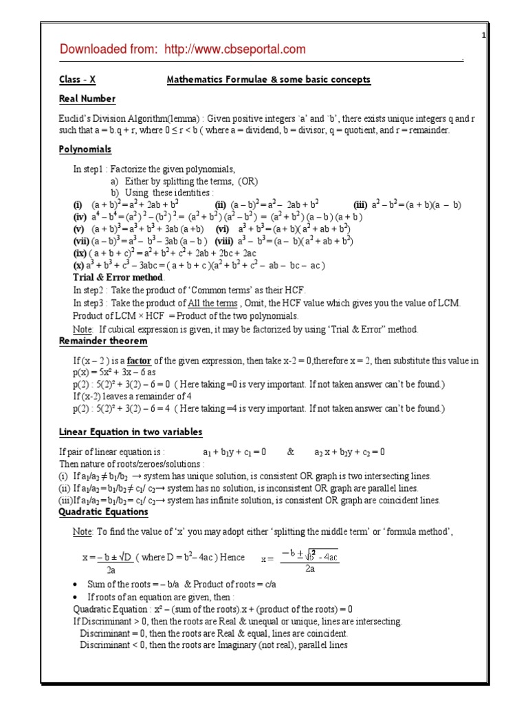 CBSE X Mathematics Formulae and Some Basics PDF | PDF | Circle | Area