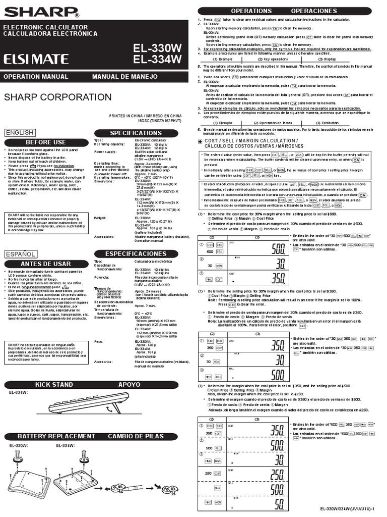 Sharp Calculatrice Modes D'emploi