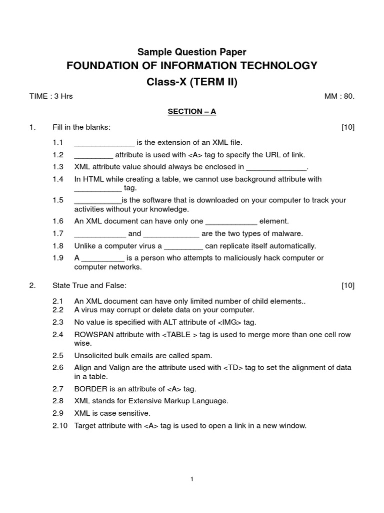 Foundation of Information Technology Class-X (TERM II) : Sample ...