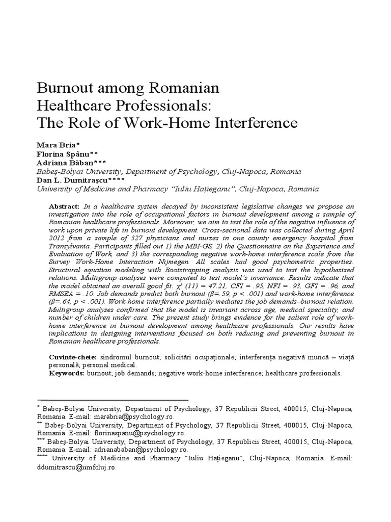 Burnout Among Romanian Healthcare Professionals The Role Of Work Home Interference Pdf Occupational Burnout Health Professional