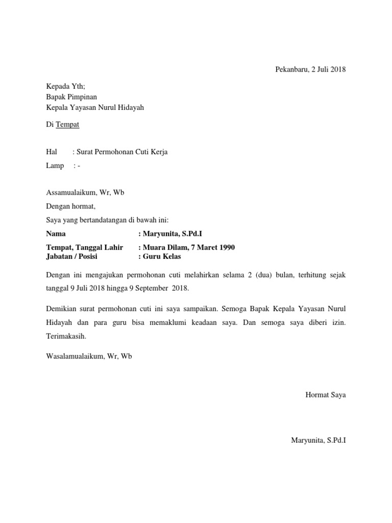 Contoh Surat Permohonan Surat Permohonan Cuti Kerja Pdf