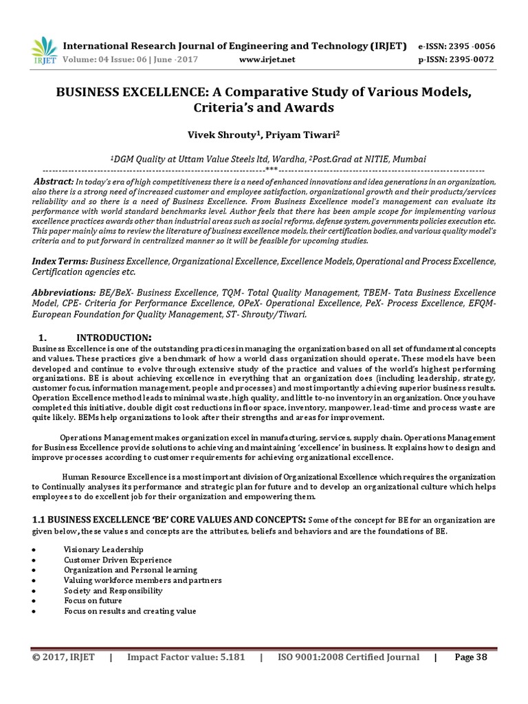 BUSINESS EXCELLENCE A Comparative Study of Various Models - Criteria ...