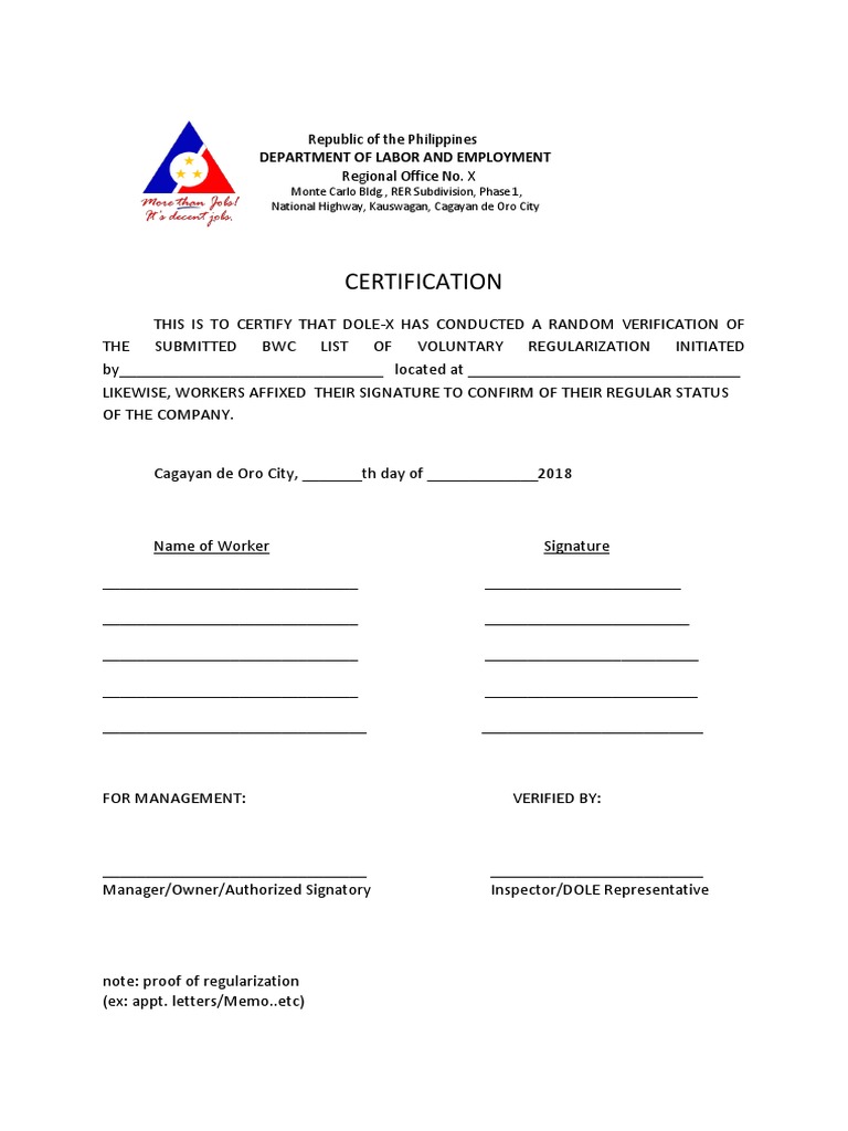 DOLE-X Regularization Verification Certificate | PDF | Business | Law