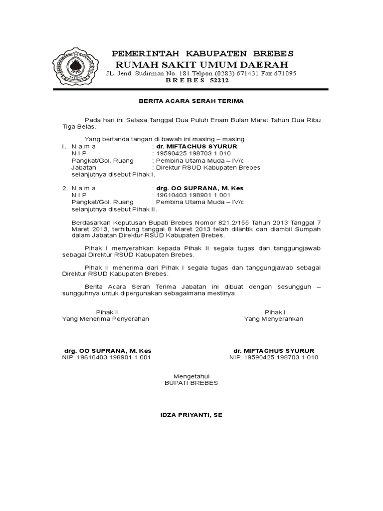 Berita Acara Serah Terima Jabatan Direktur Rsud Kab Brebes