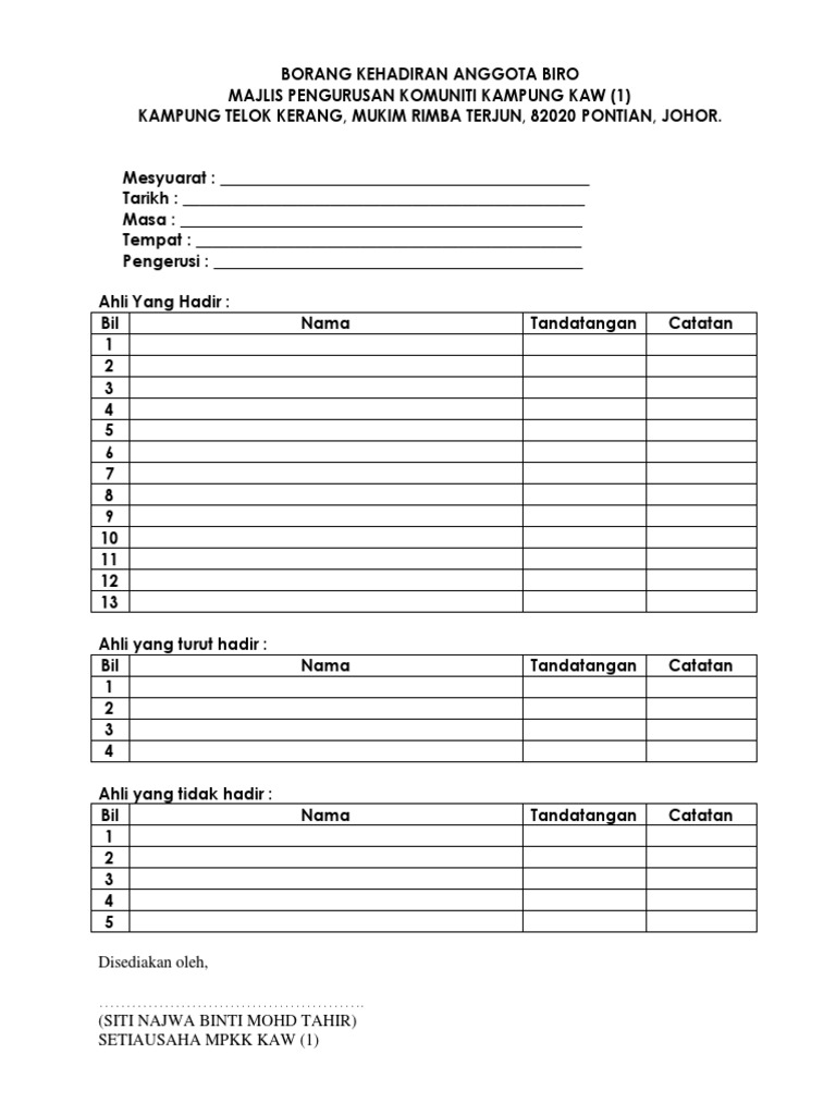 Borang Kehadiran Anggota Biro Pdf