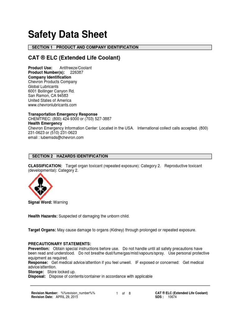 Cat Elc (Extended Life Coolant) Mds PDF Toxicity Personal