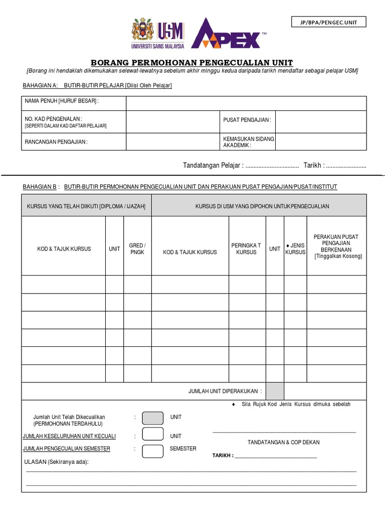 Borang Permohonan Pengecualian Unit | PDF