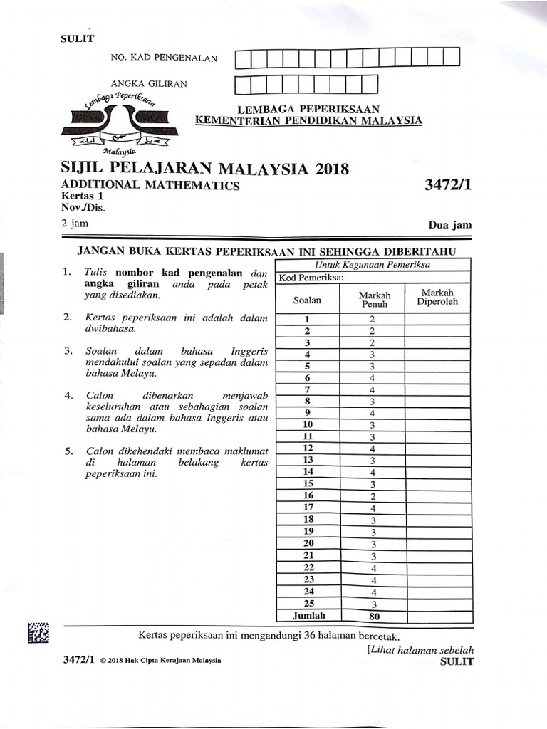 Additional Mathematics Spm Paper 1 2018 Pdf Teaching Mathematics Logic