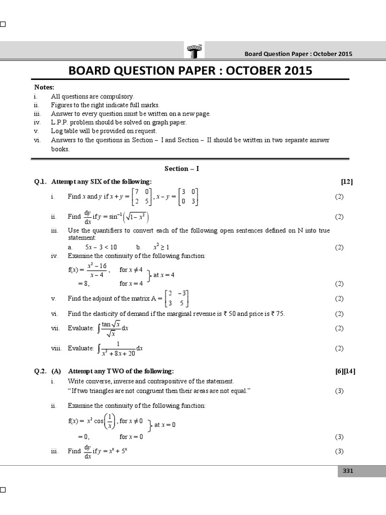 October 2015 Board Question Paper | PDF | Mathematical Analysis ...