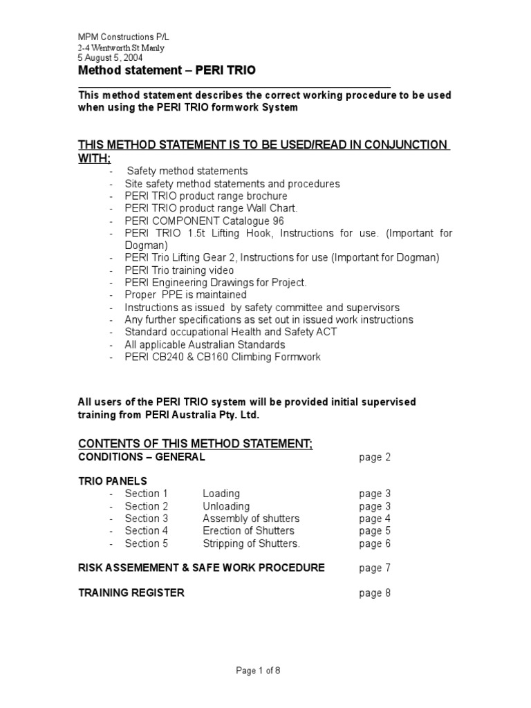 PERI TRIO Method Statement Guide | PDF | Crane (Machine) | Elevator