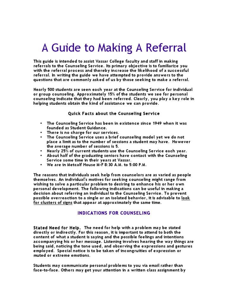 Vassar College Counseling Referral Guide | PDF | Counseling Psychology ...