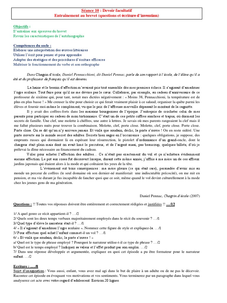 Séance 10 Entraînement Brevet | Langue française