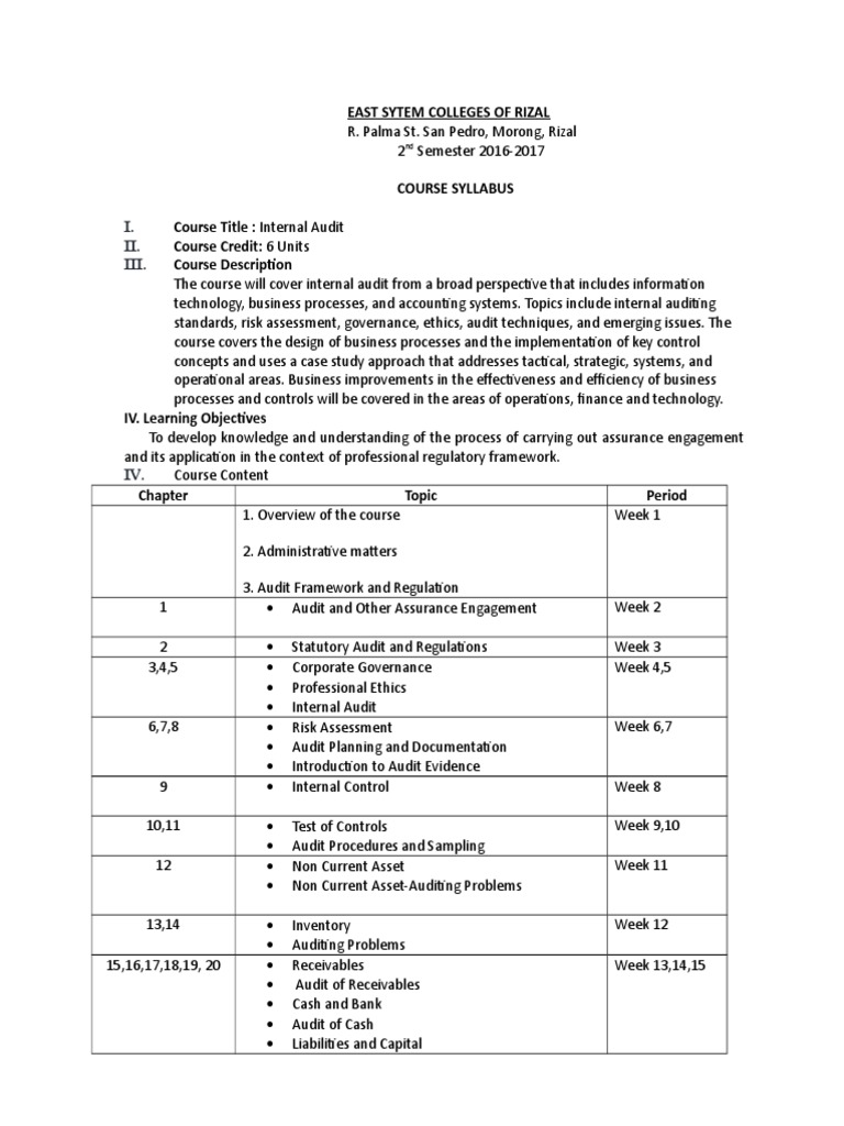 Internal Audit Course Syllabus 2016-2017 | PDF | Internal Audit | Audit