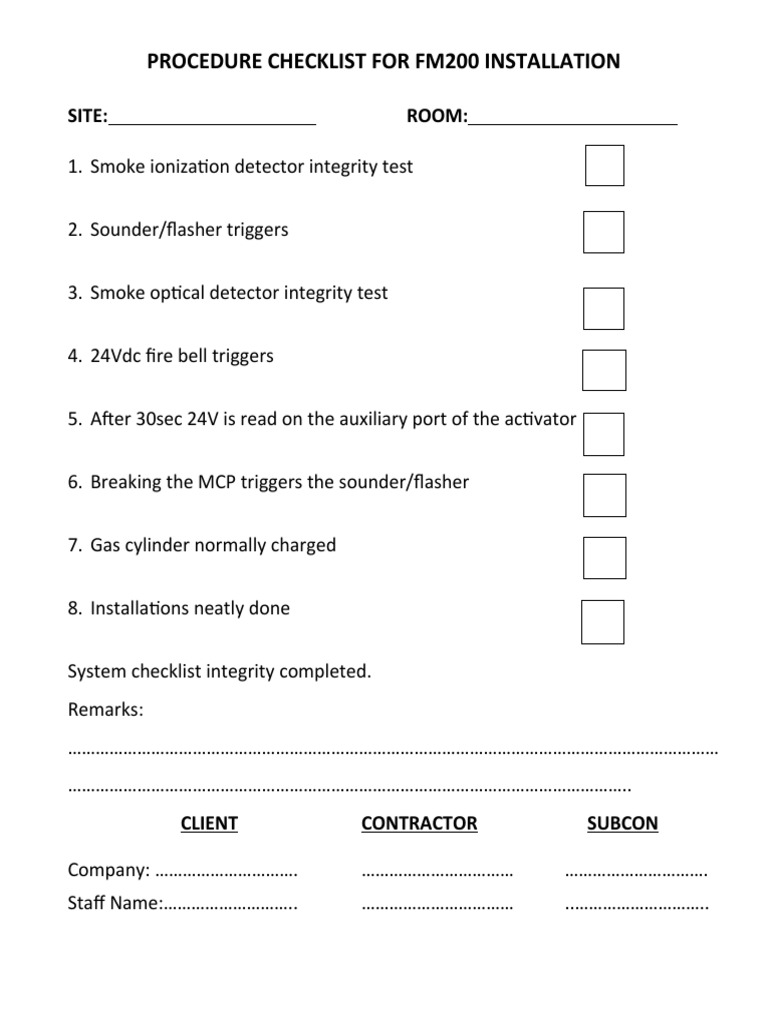 Procedure Checklist For Fm0 Installation Manufactured Goods Equipment