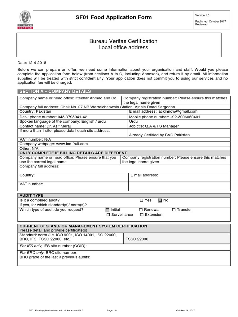 SF01 Food Application Form Submission | PDF | Hazard Analysis And ...