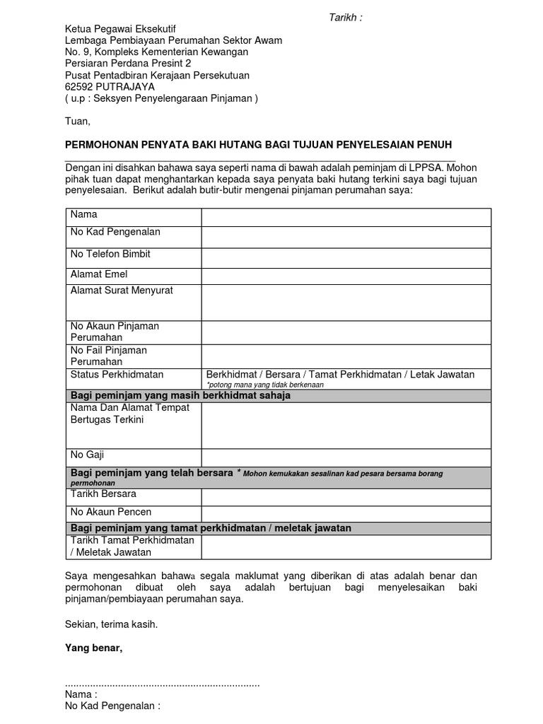 Borang Permohonan Penyata Baki Hutang Pembiayaan Perumahan Bagi Tujuan Penyelesaian Pdf