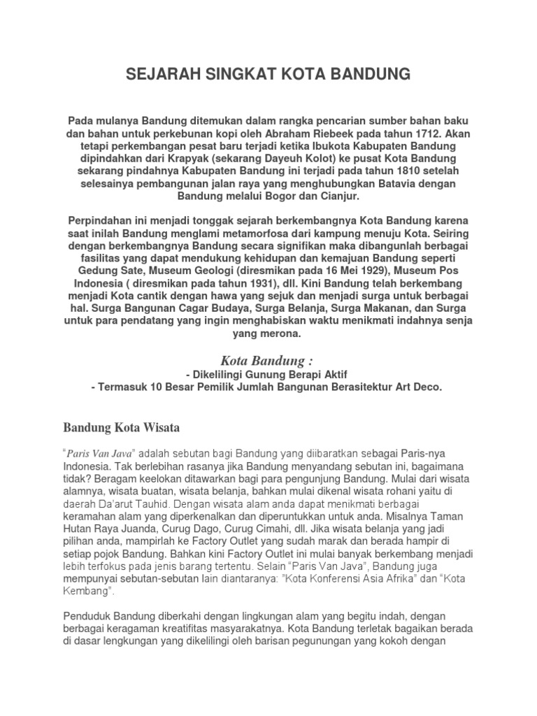 Sejarah Singkat Kota Bandung | PDF | Perjalanan | Seni