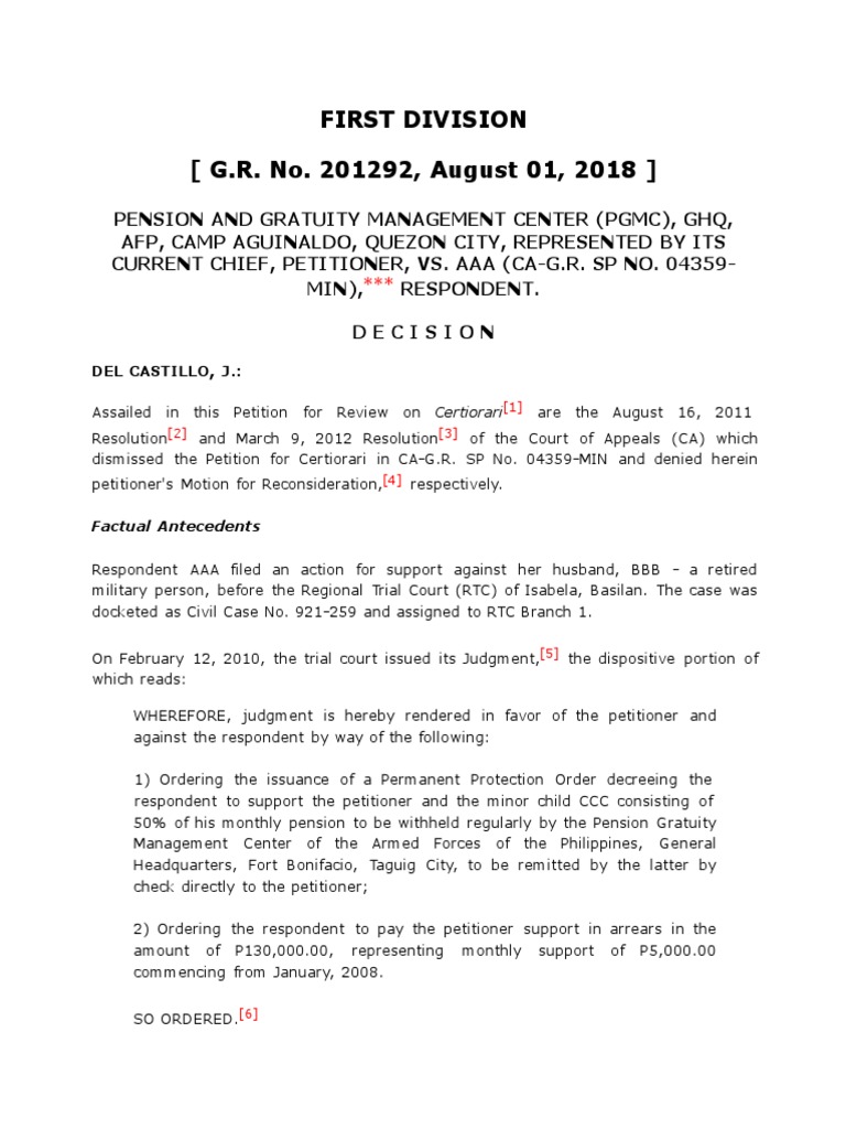 AFP PGMC Pension Support Ruling | PDF | Certiorari | Child Support