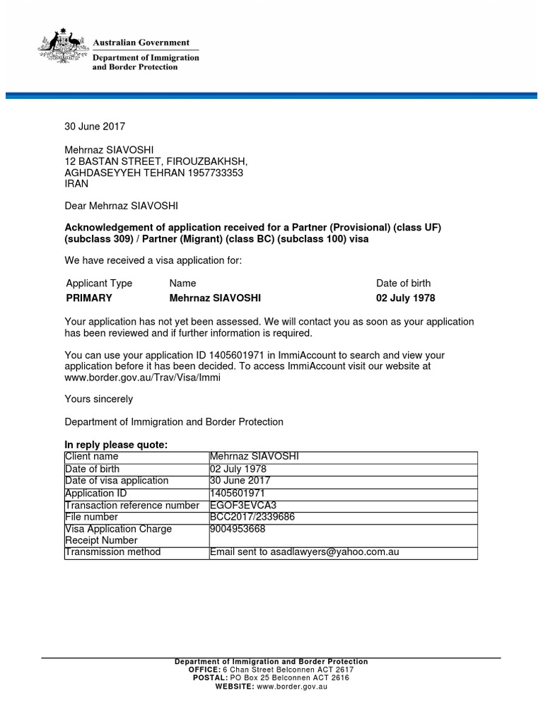 Immi Acknowledgement Of Application Received Pdf Travel Visa Government And Personhood