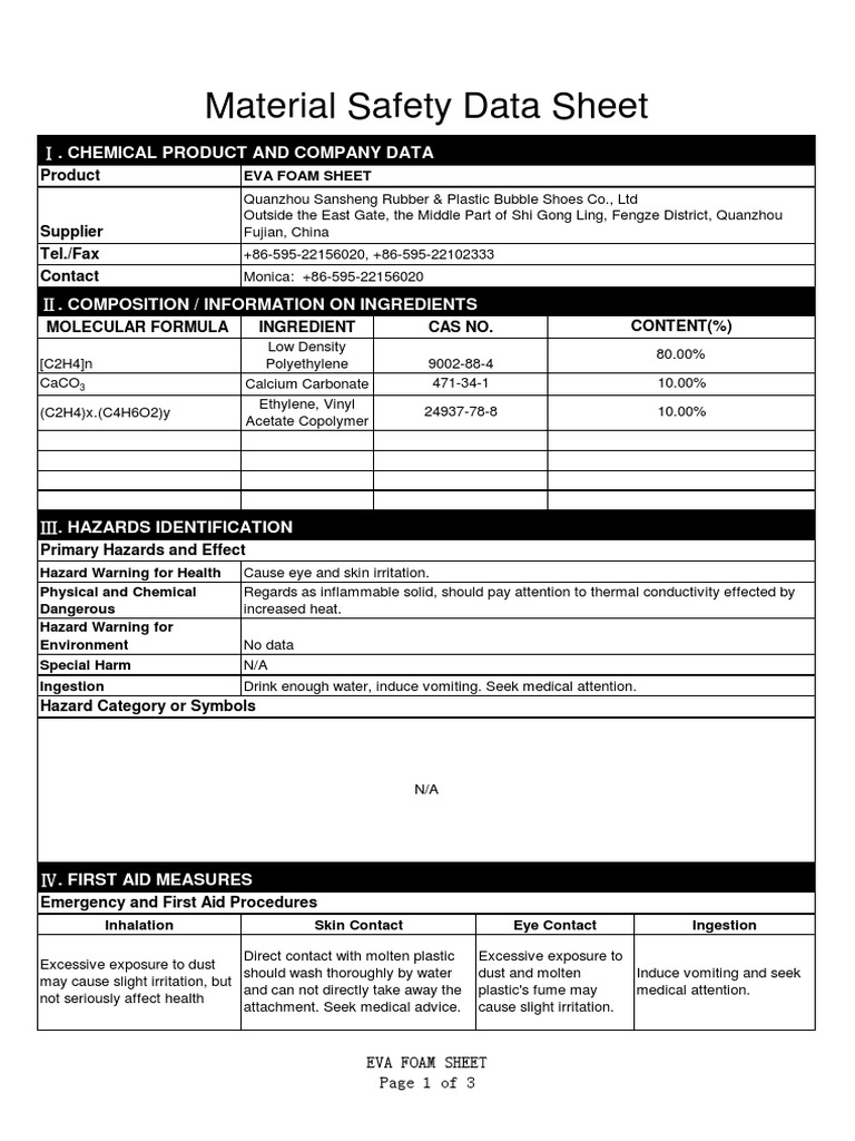Eva Foam Msds Dangerous Goods Firefighting