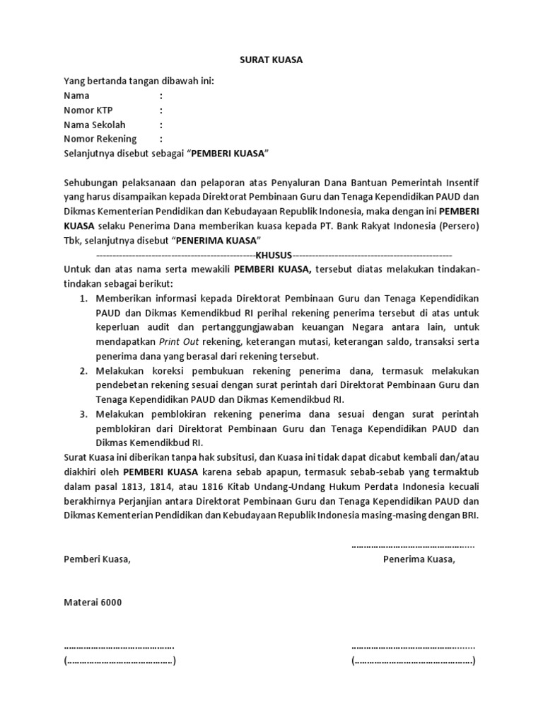 Surat Kuasa Penerima Insentif Paud