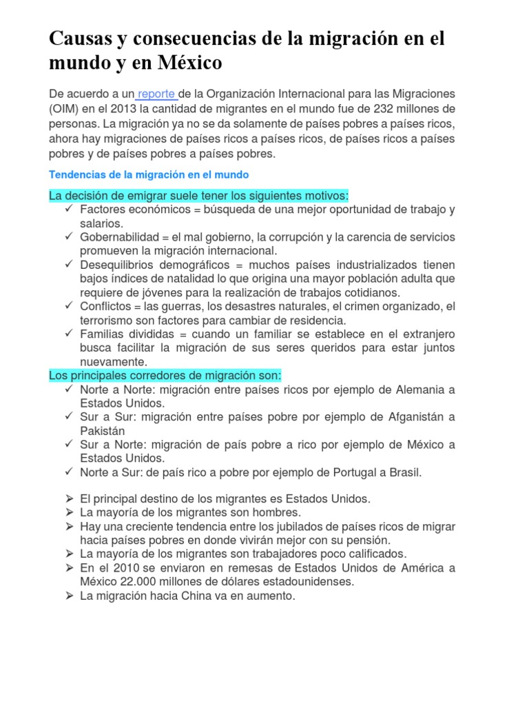 Causas y Consecuencias de la Migración | PDF | Migración humana ...