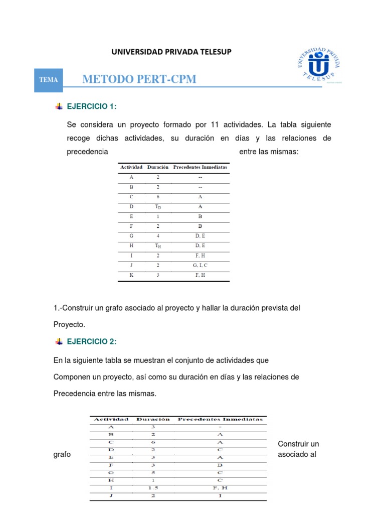 EJERCICIOS DE PERT-CPM - Simion Villanueva PDF | PDF | Informática y ...